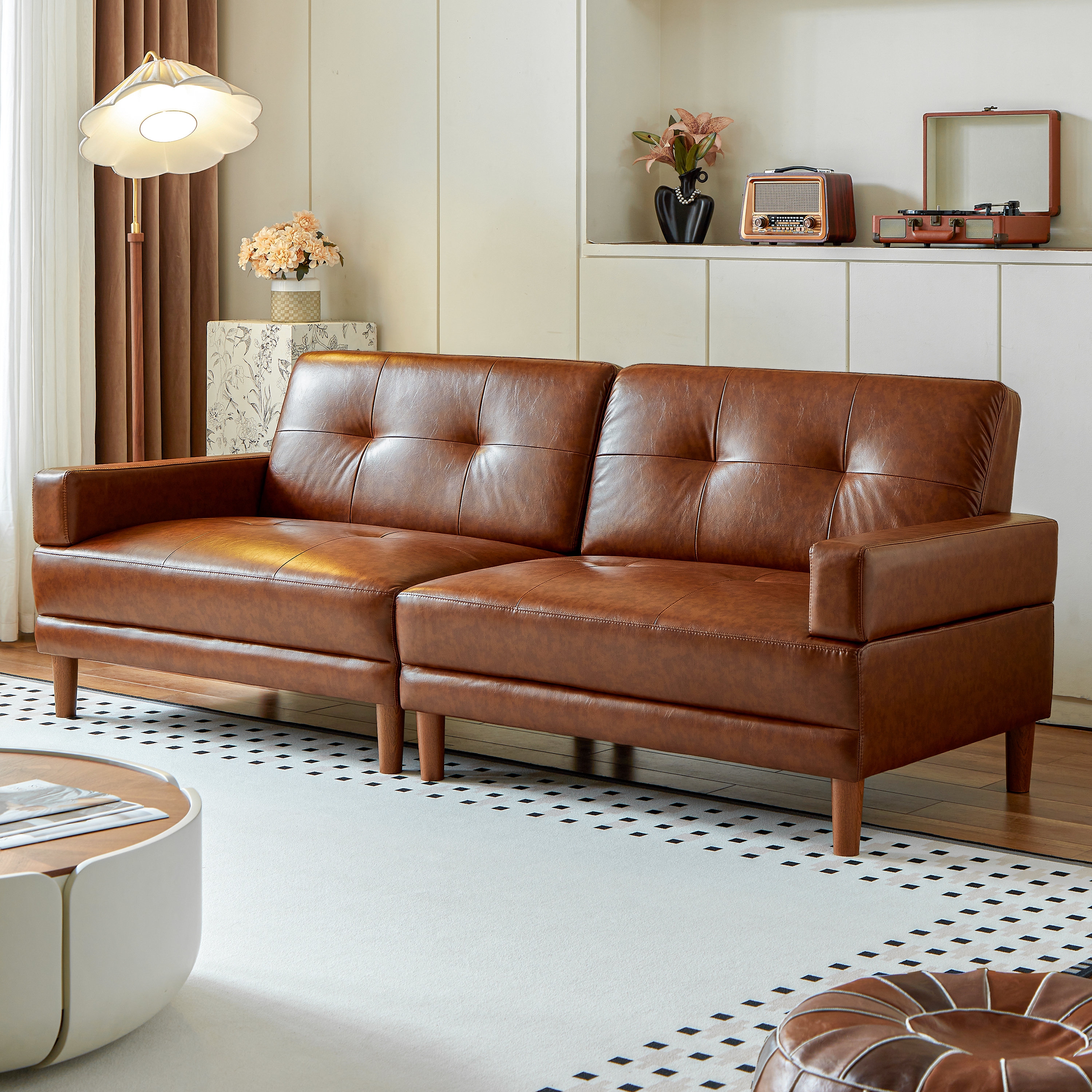 Sofa with Tufted Back and Retro Modern Walnut Frame