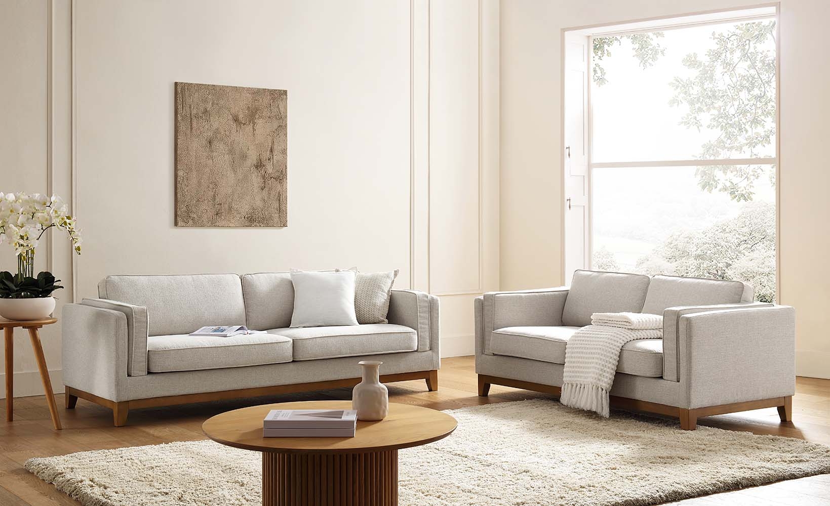 Sofa with Wood Base Plinth and Modern Track Arm Sofa