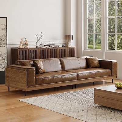 Sofa with Wood Wrapped Frame in Cognac Brown Finish