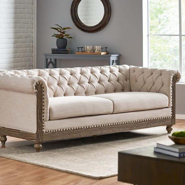 Sofa: Wood Base Frame Transitional Beige Seating with Studs