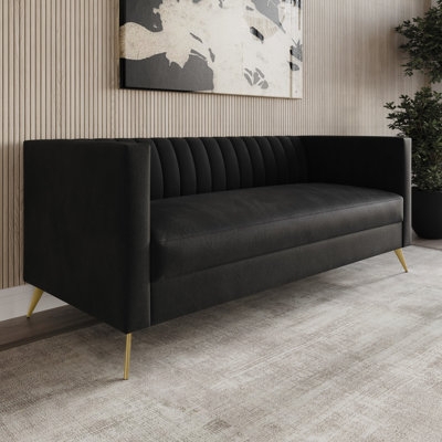 Square Arm Sofa with Vertical Channeling and Shiny Legs