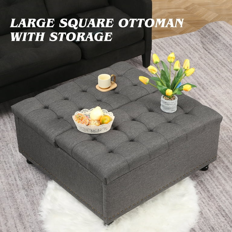 Storage Ottoman in Charcoal: Charcoal Tufted Storage Table