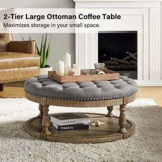 Storage Ottoman Spindle Legs: Spindle Leg Ottoman with 2-Tier Storage