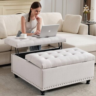 Storage Ottoman Split Top: Lift Top Storage Ottoman in Beige