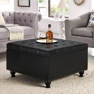 Storage Ottoman with Bun Legs: Black Tufted Storage Ottoman
