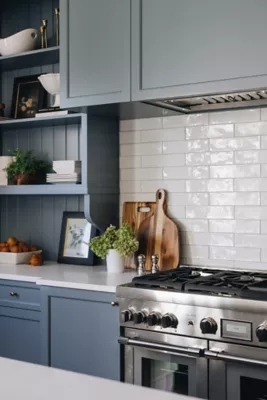 Subway Tile: 3x12 Tile Wavy Texture in Slate Blue Kitchen
