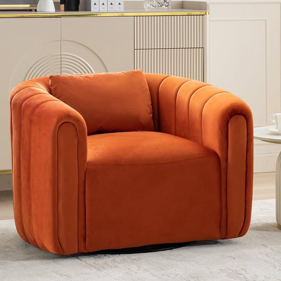 Swivel Armchair with Channel Tufting in a Ribbed Orange Style