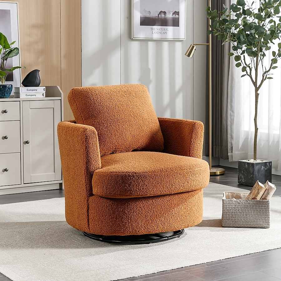 Swivel Barrel Chair Caramel Boucle Fabric with Nubby Texture