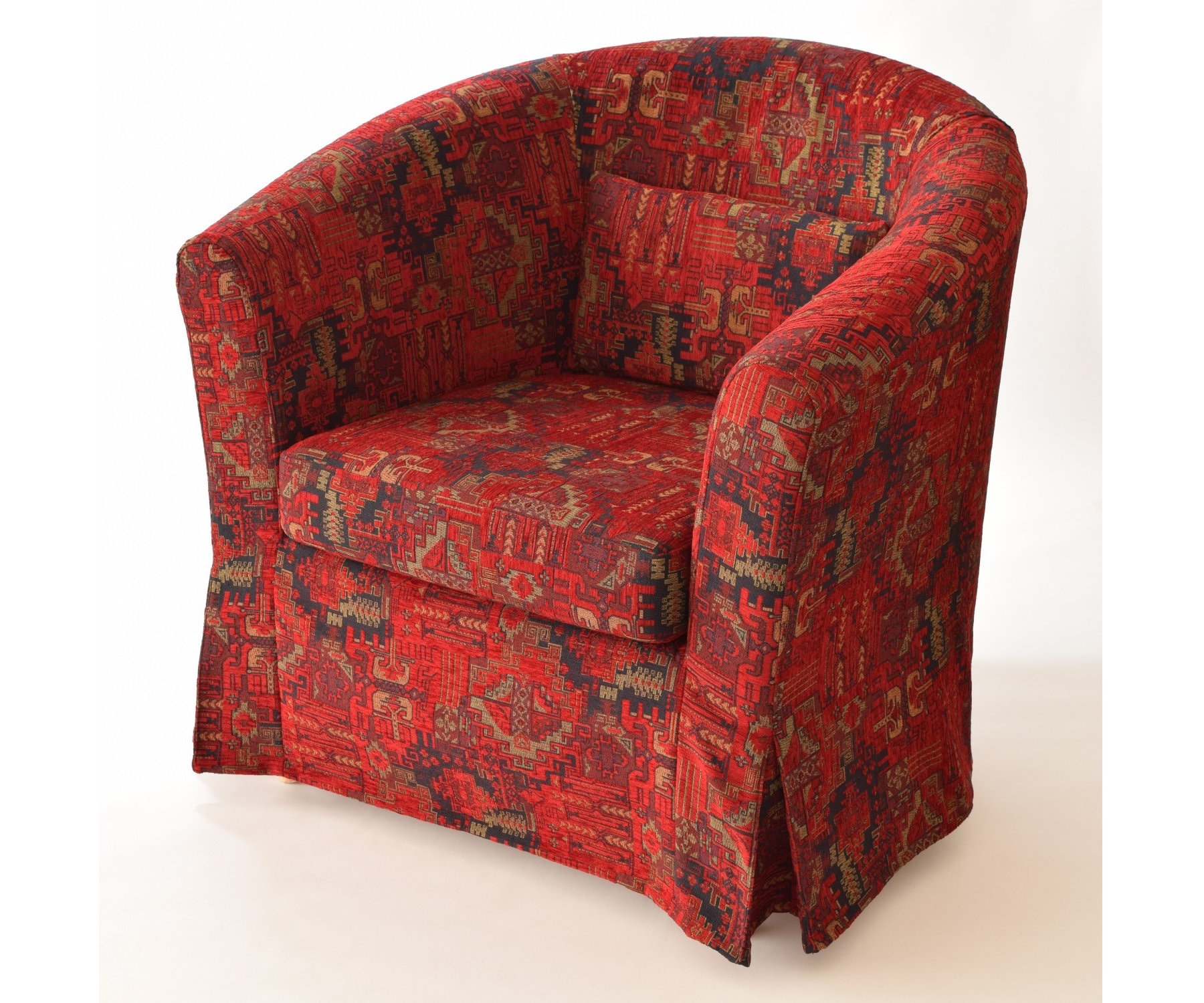 Swivel Barrel Chair: Deep Red Kilim Print Skirted Tapestry