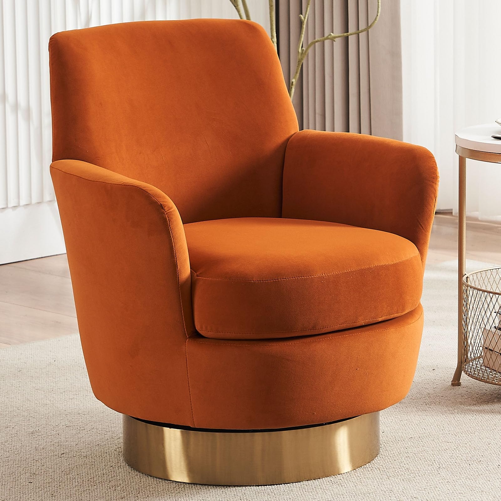 Swivel Barrel Chair in Orange Velvet with a Tall Backrest