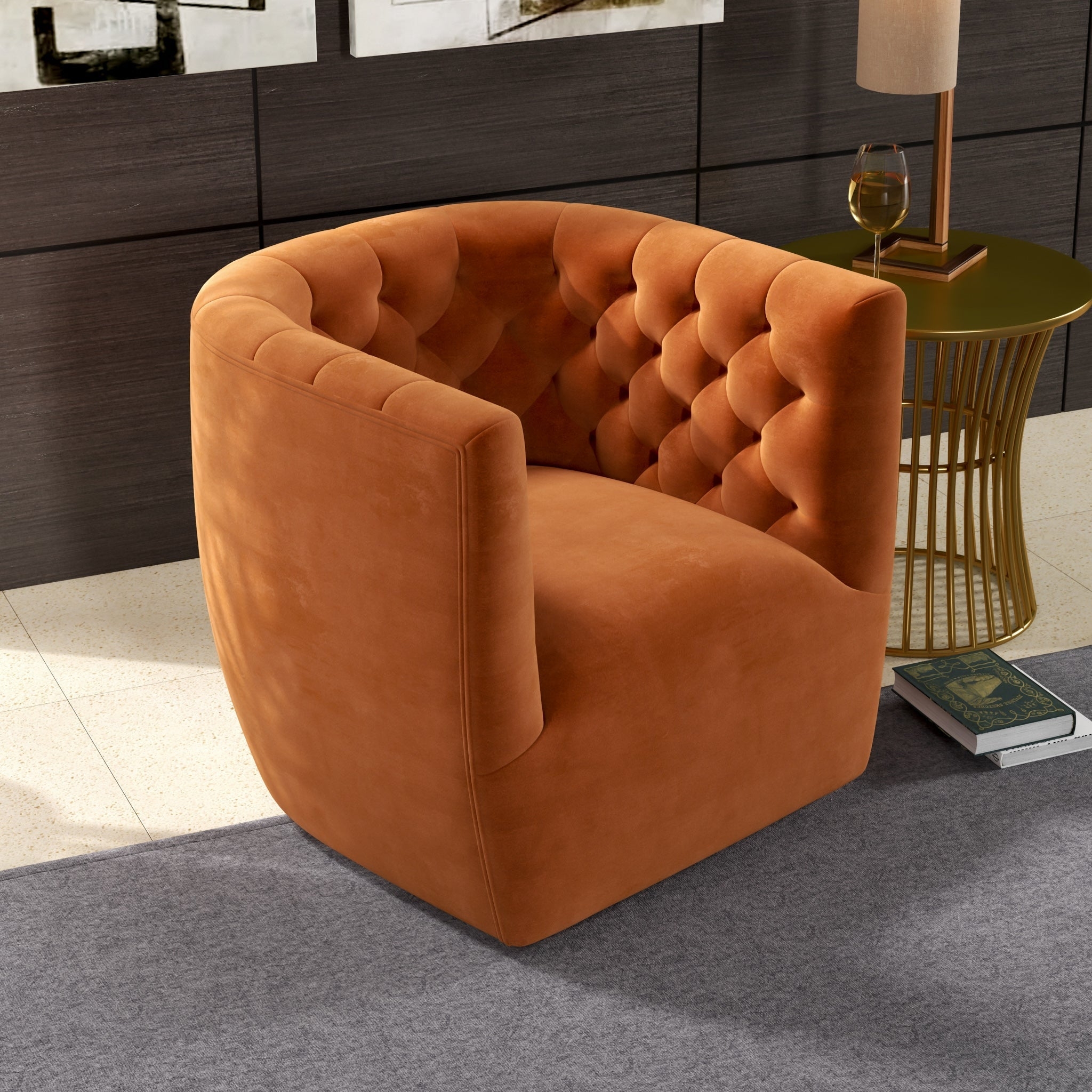 Swivel Chair with Diamond Tufted Burnt Orange Velvet Fabric