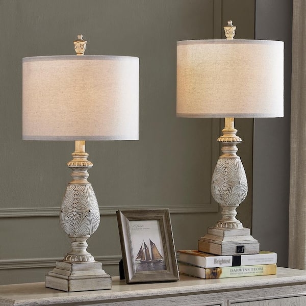 Table Lamp and Carved Radial Pattern and distressed ivory bedside lamps