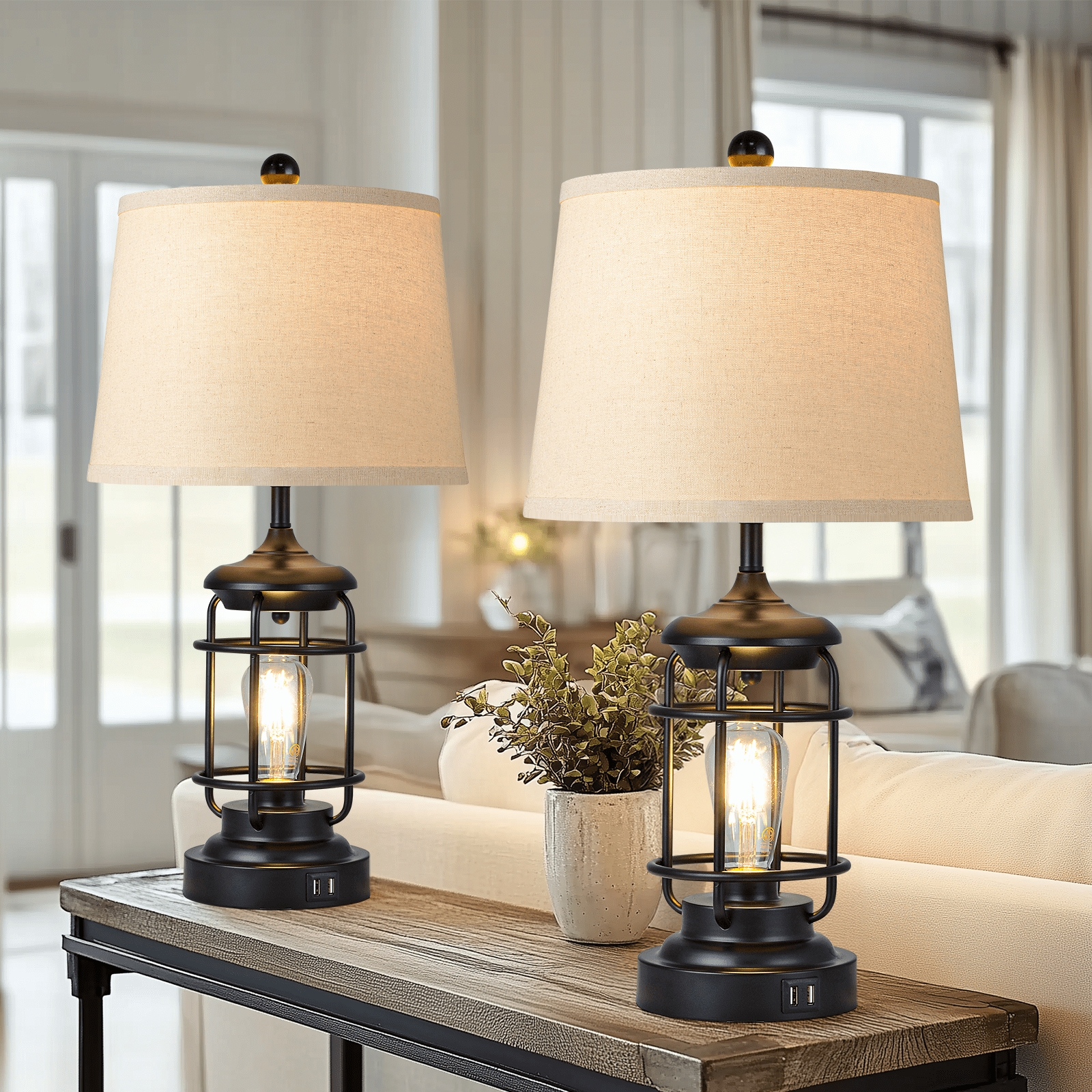 Table Lamp and Industrial Lantern Base with bedside USB table lamp