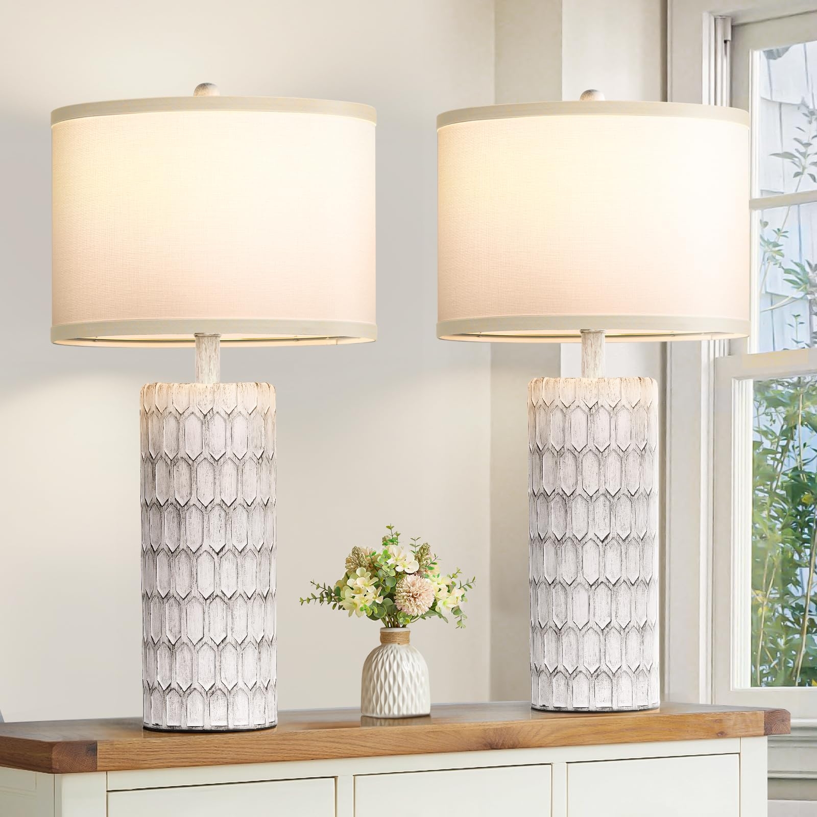 Table Lamp featuring Elongated Honeycomb distressed honeycomb lamp base