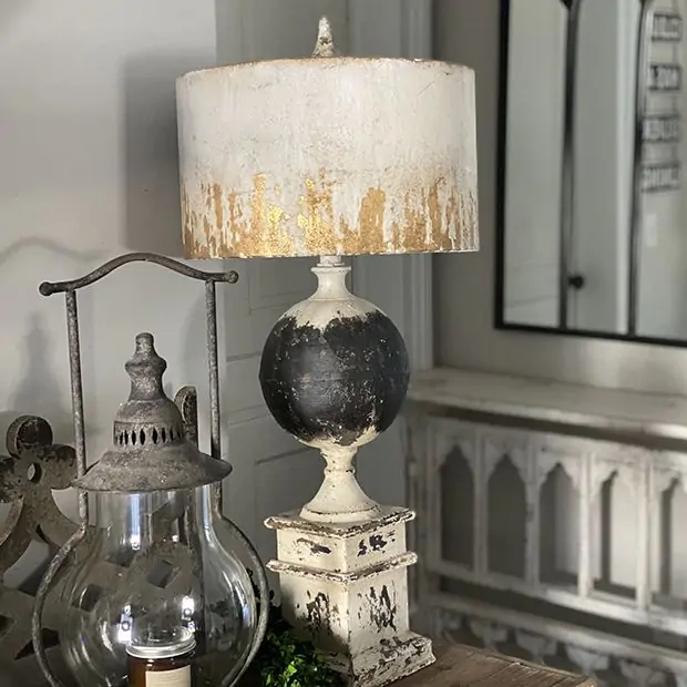Table Lamp showing Gold Foil Shade and gold leaf drum lamp