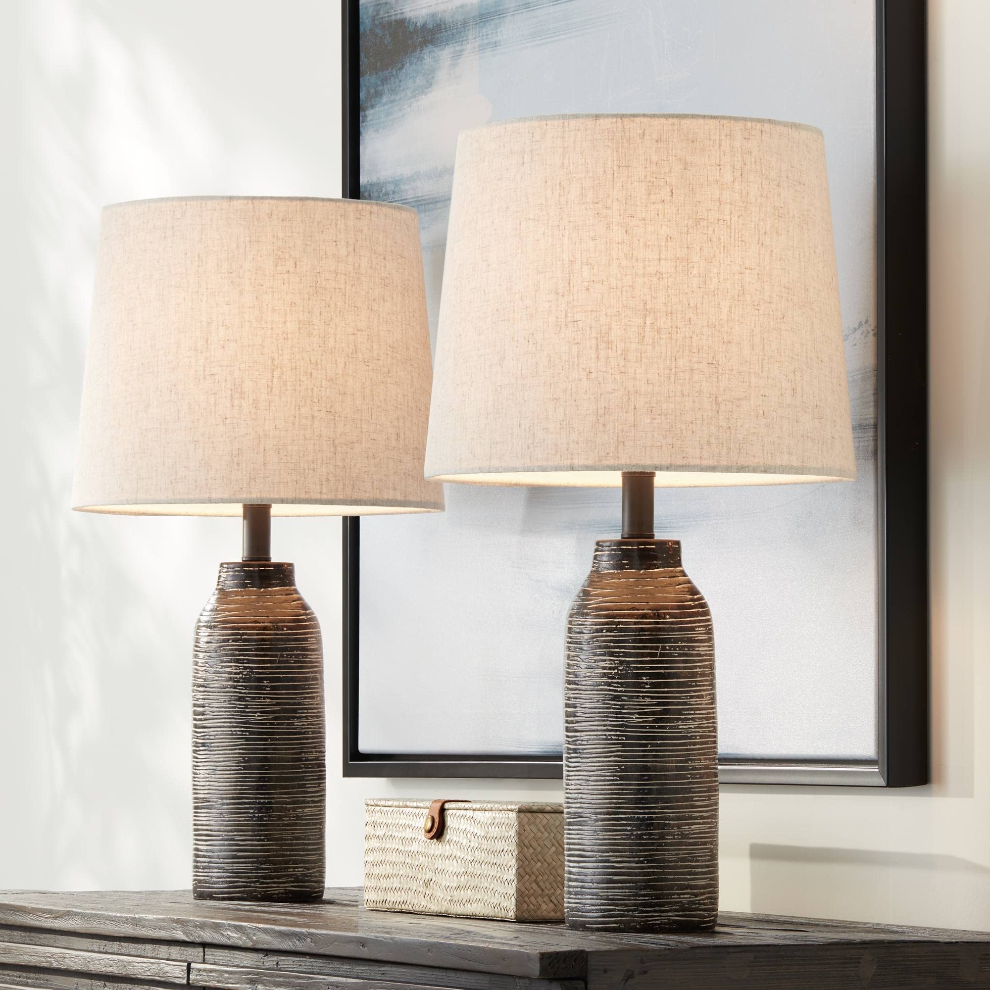 Table Lamp with Horizontal Ribbed Base and oatmeal shade lamp set