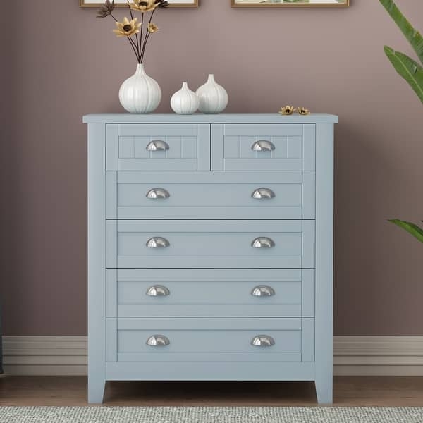 Tall Dresser Light Blue Finish Silver Shell Cup Handles