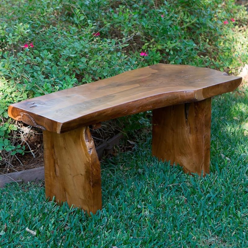 Teak Wood Bench in Honey Gold with Unique Slab Legs