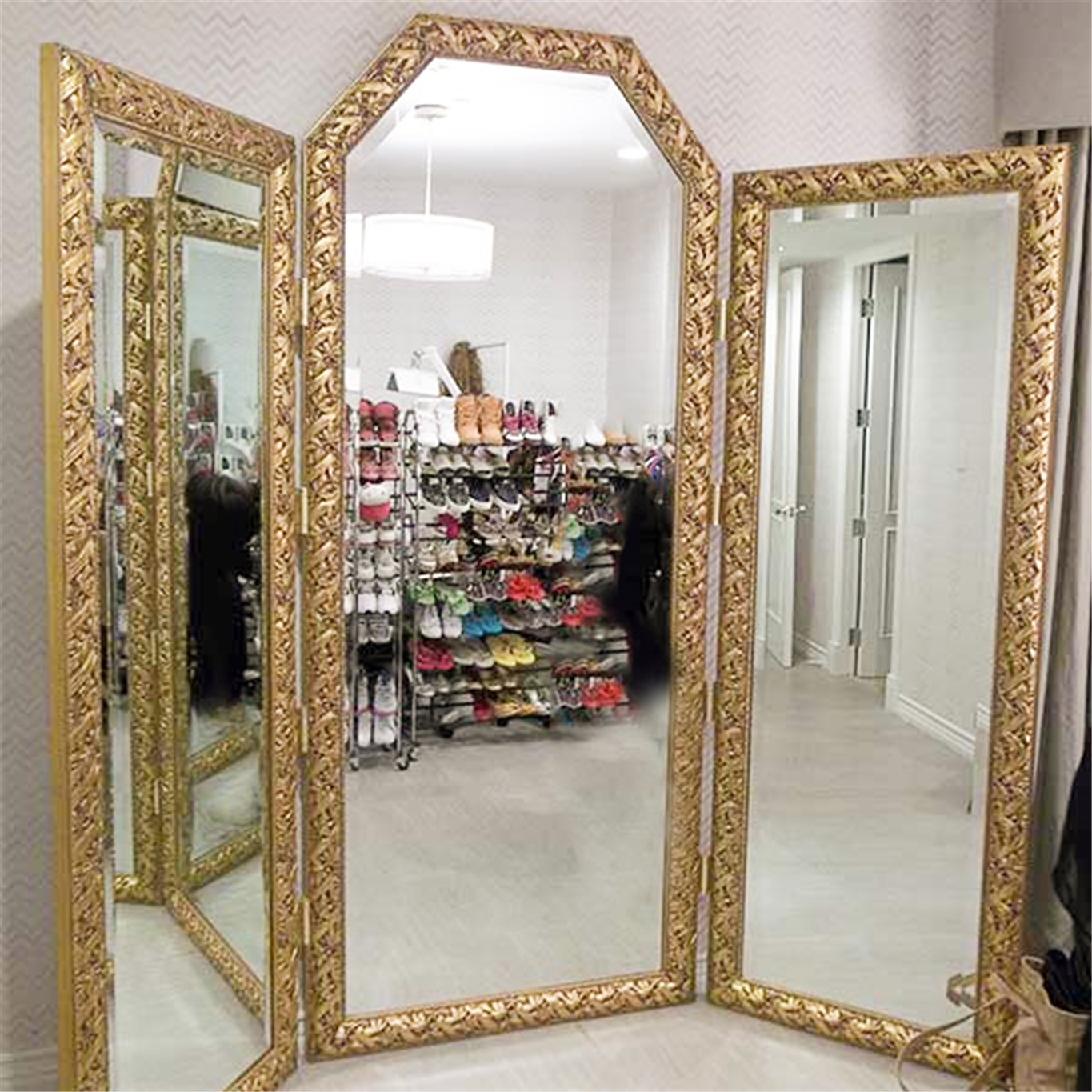 Three Panel Mirror with Ornate Carved Frame and Gold Floor Mirror