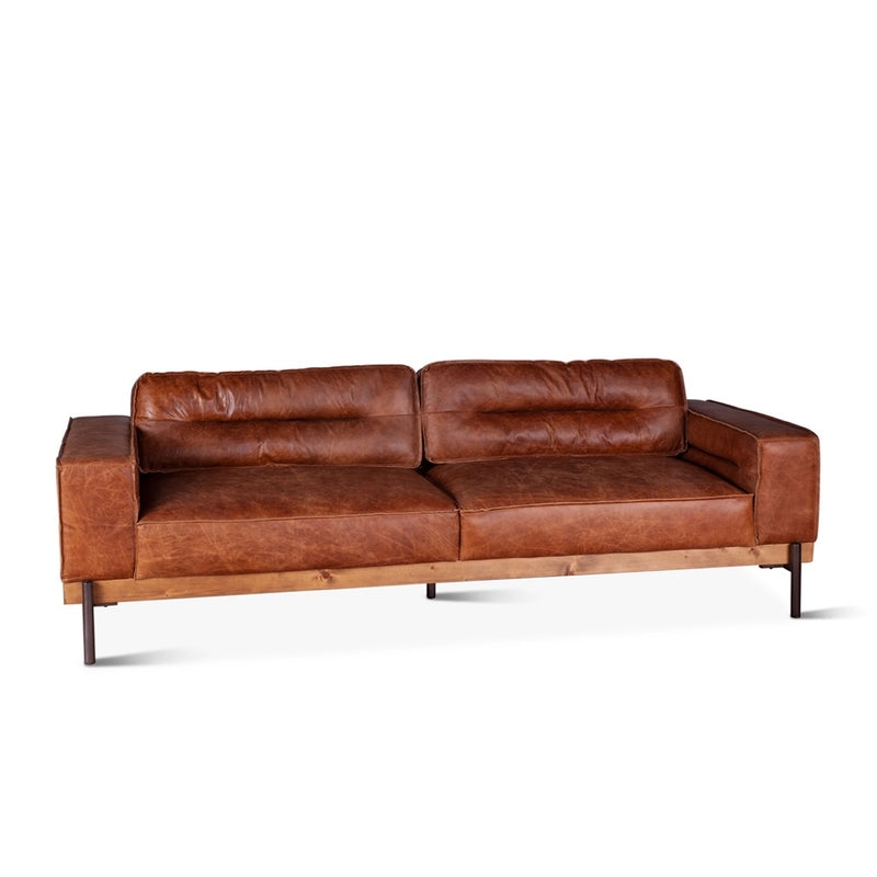 Three Seat Sofa: Cocoa Leather with Exposed Wood Frame