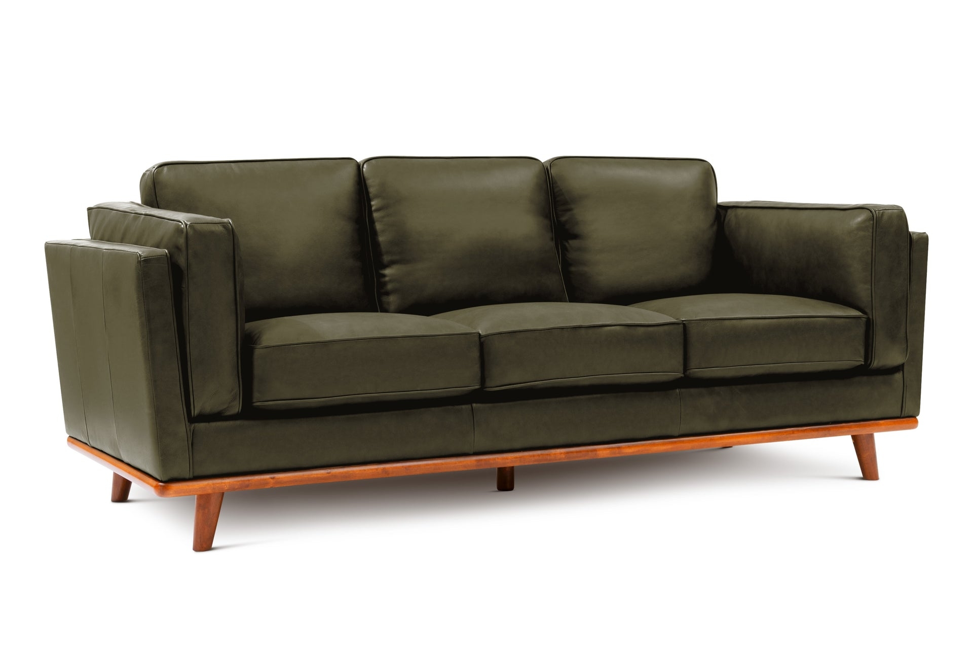 Three Seat Sofa Olive Green Tapered Wooden Legs Exposed Wood Base