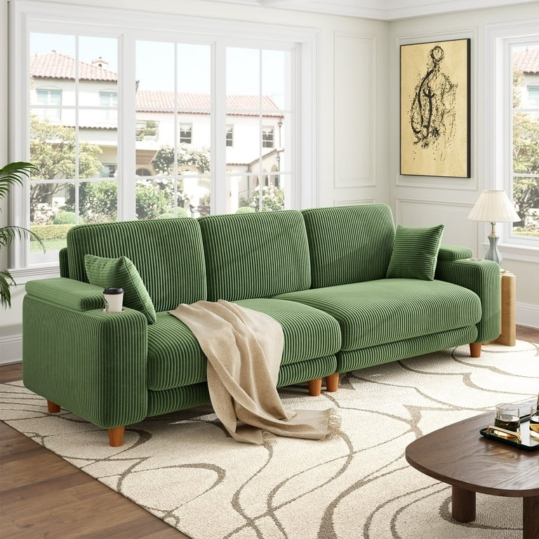 Three Seater Sofa in Moss Green Corduroy with Cup Holder
