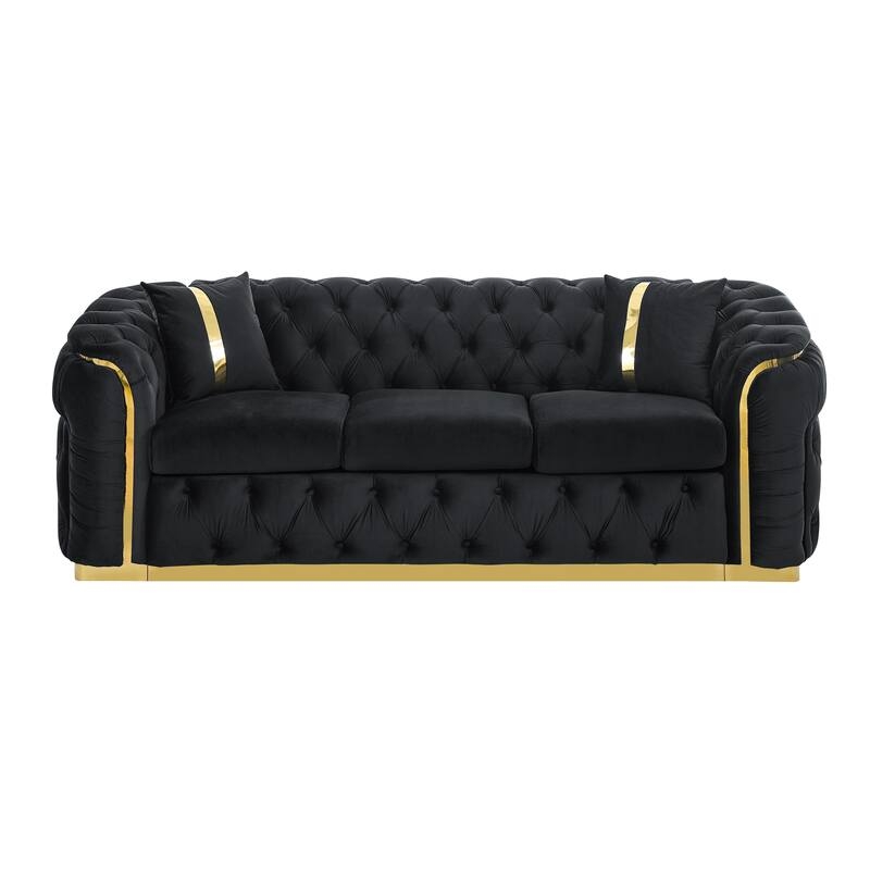 Three Seater Sofa Stainless Steel Accents Button Tufted Tuxedo Sofa
