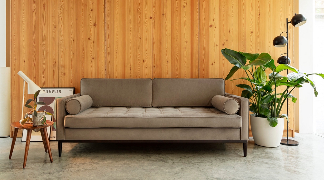 Three Seater Sofa: Tufted Seat and Vertical Wood Paneling