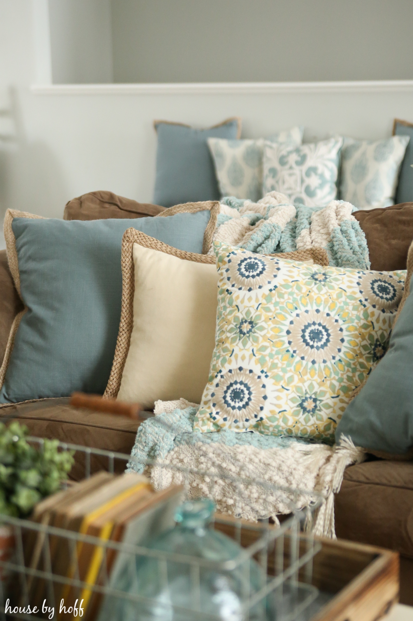 Throw Pillows with Braided Jute Trim and Mandala Prints