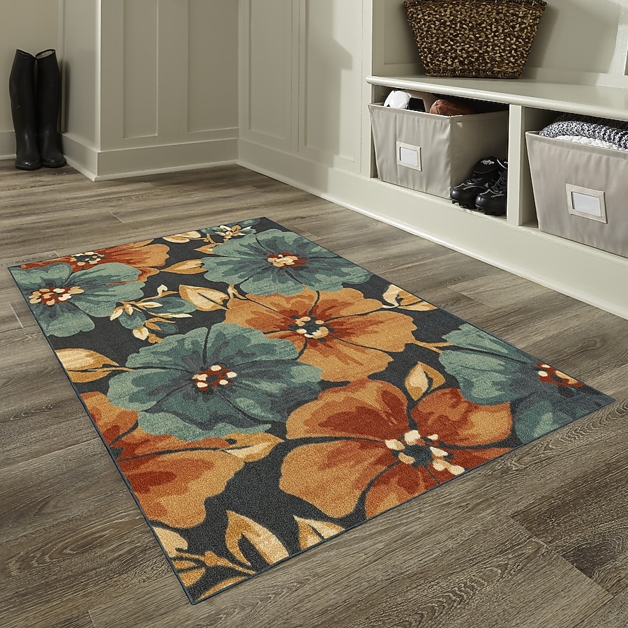 Throw Rug Machine Washable Oversized Botanical Print Teal