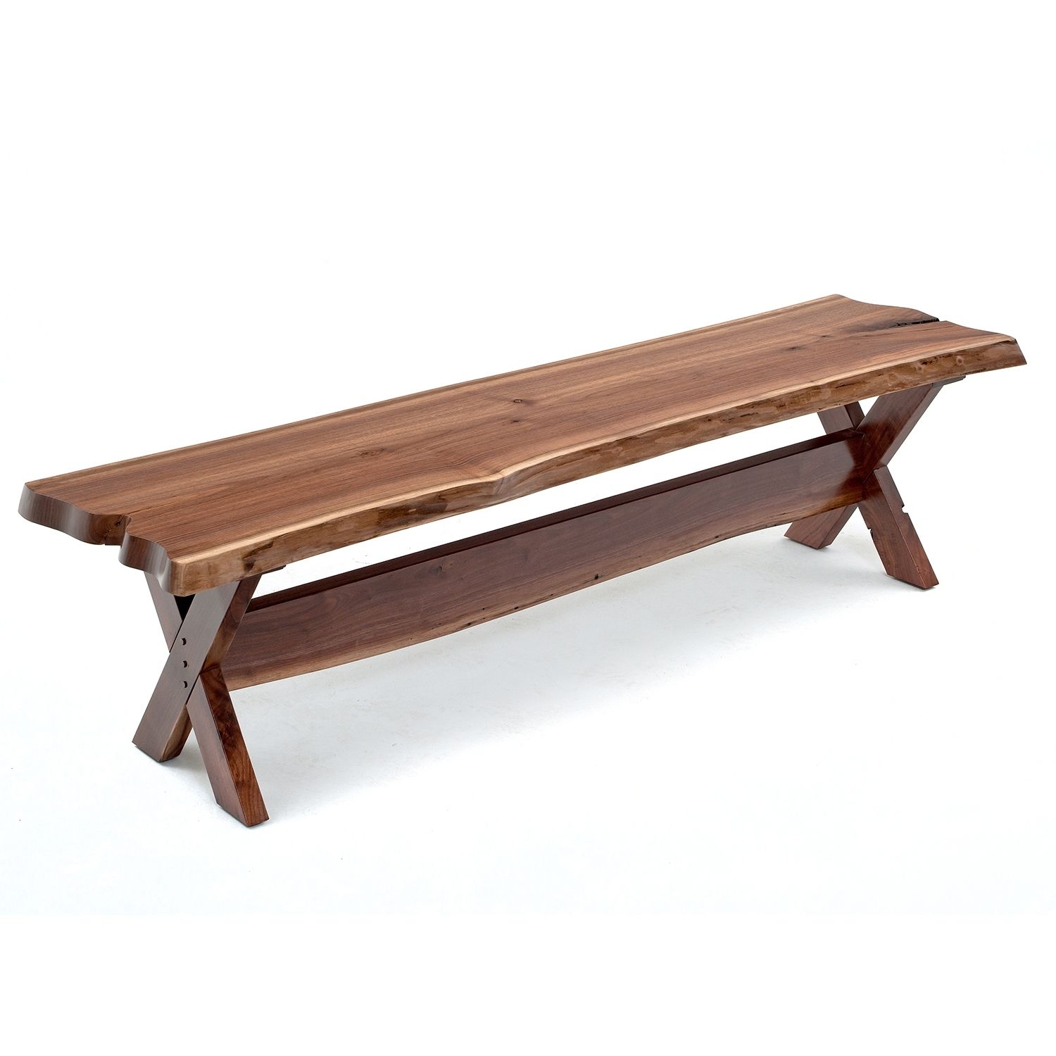 Trestle Wood Bench with X-Frame Legs and Live Edge Top