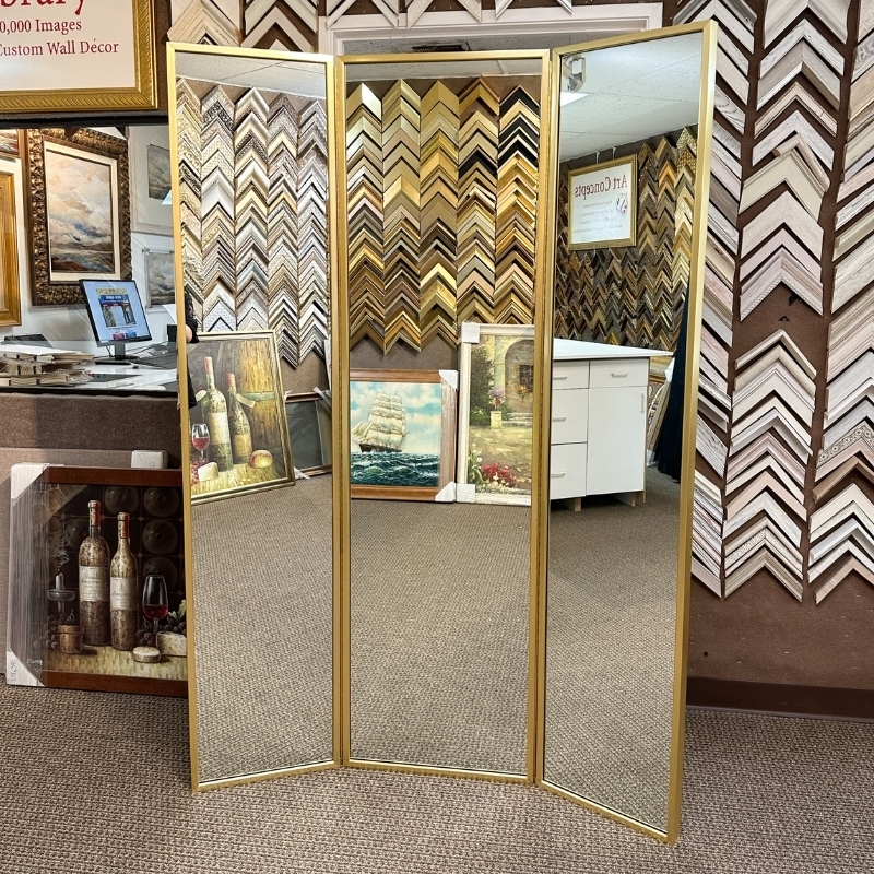 Tri Fold Mirror with Gold Wood Frame and Folding Vanity Mirror