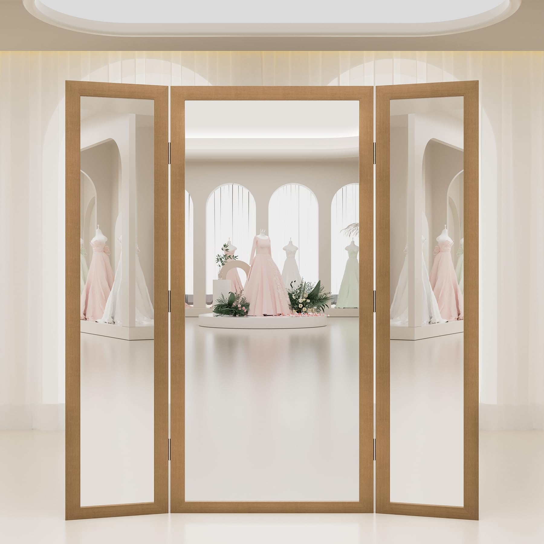 Trifold Mirror with Adjustable Side Panels and Bridal Floor Mirror