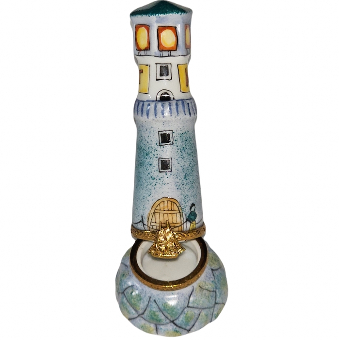Trinket Box Porcelain Lighthouse with Ship Clasp Seaside Style Gift