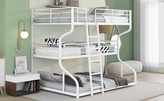 Triple Bunk Bed: White Curved Frame Space Saving Metal