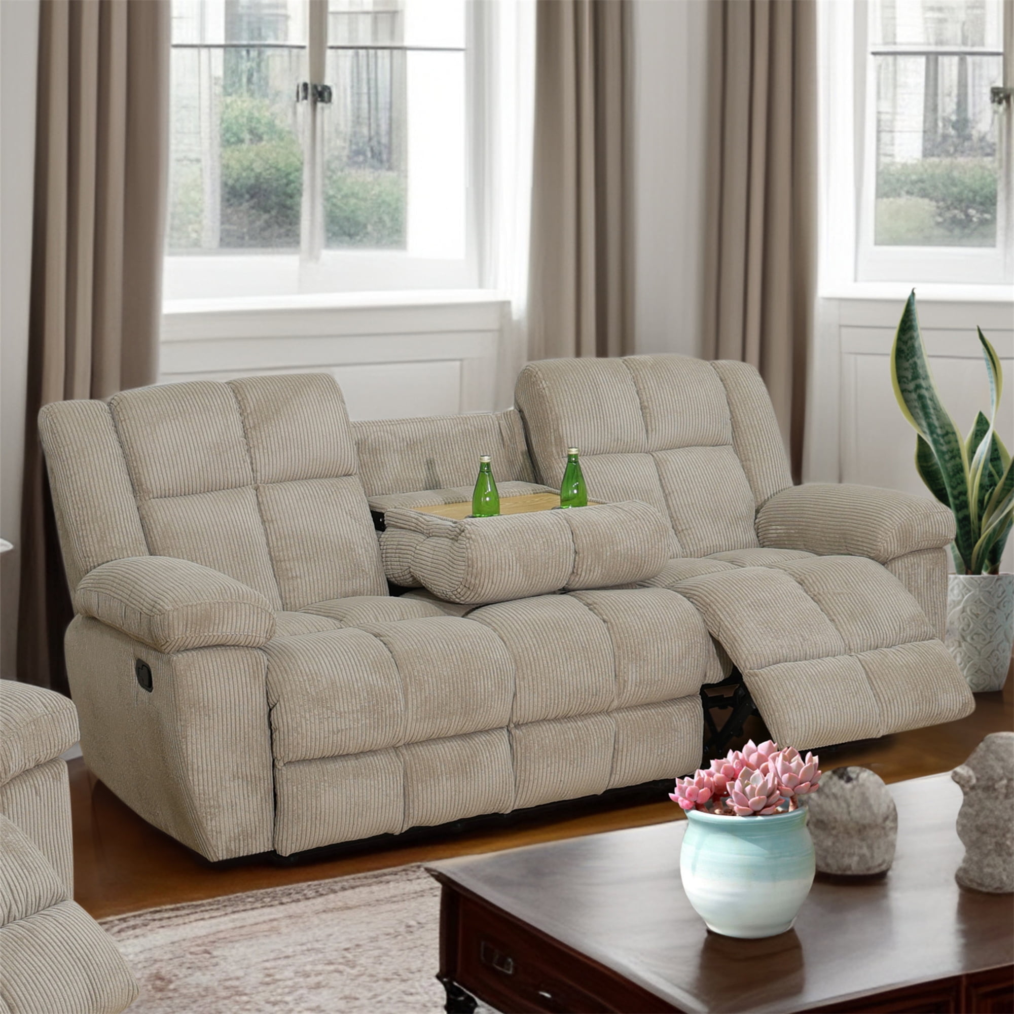 Triple Recliner Sofa: Beige Corduroy Fabric Drop Down Console