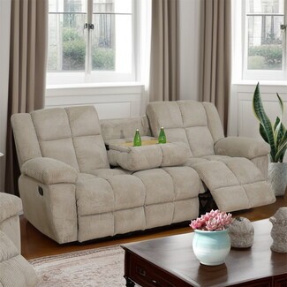 Triple Recliner Sofa: Beige Corduroy Fabric Drop Down Console