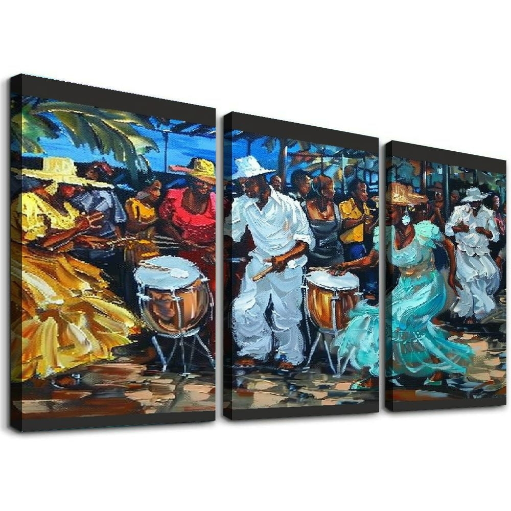 Triptych Canvas Art with Traditional Dance Scene Texture