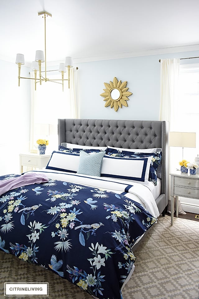 Tufted Bed Wingback Headboard Azure Chinoiserie Bedding