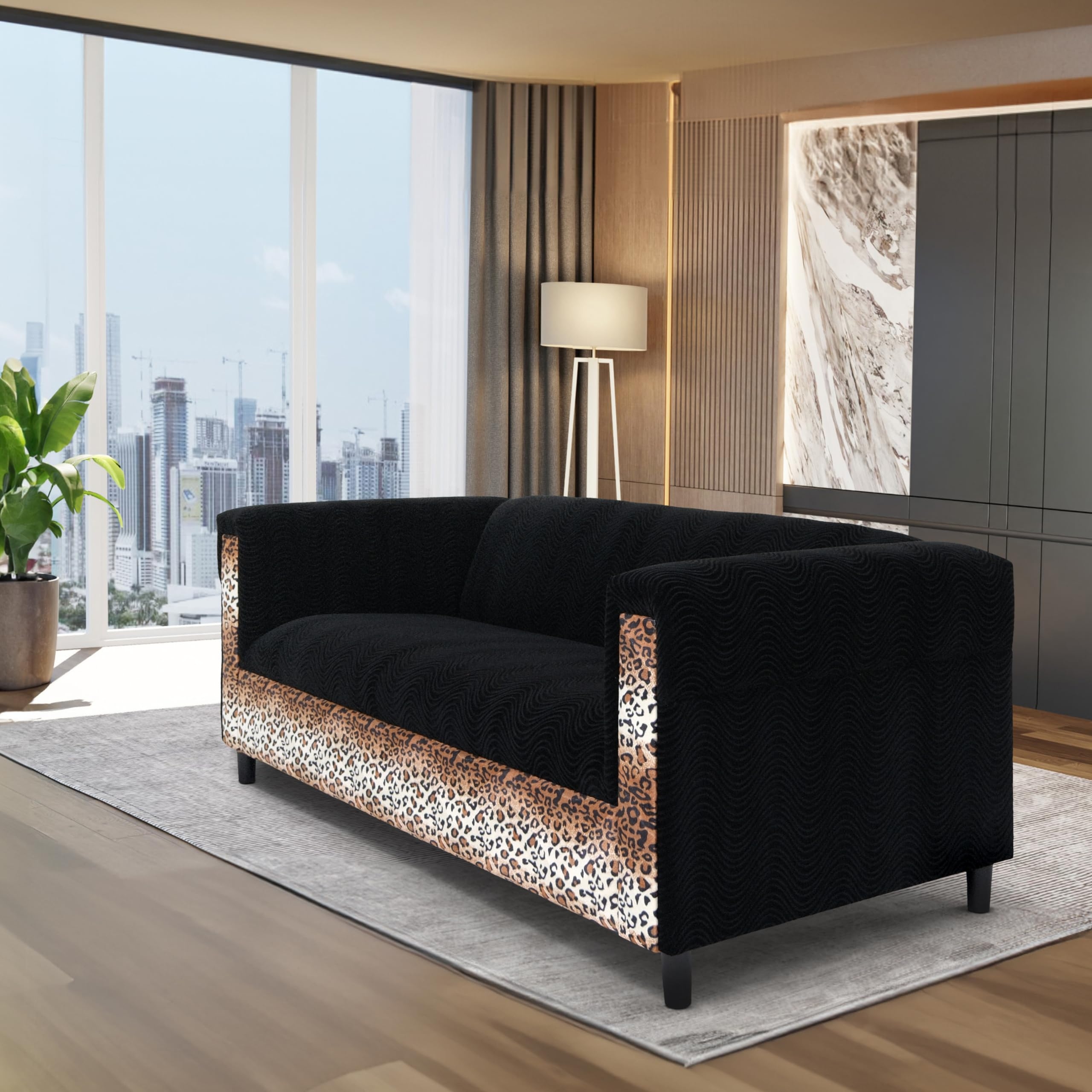 Tuxedo Sofa Animal Print Panels Wavy Quilted Black