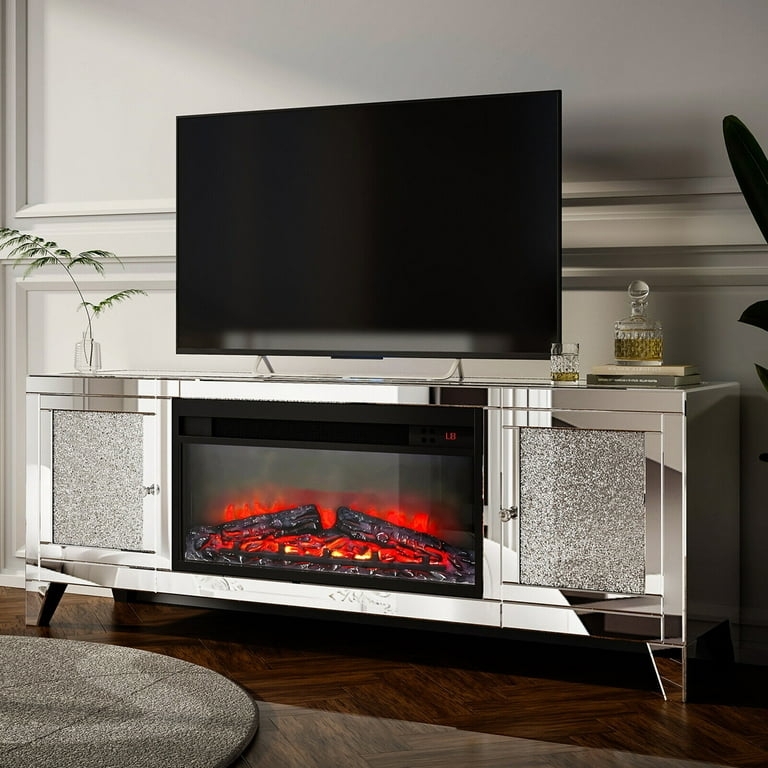 Tv Stand featuring Tapered Legs & Silver Electric Fireplace Console