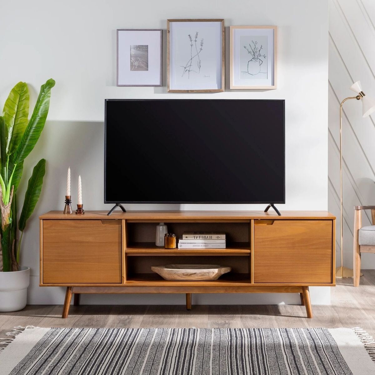 Tv Stand in Honey Wood Finish with 70 Inch Wide Profile