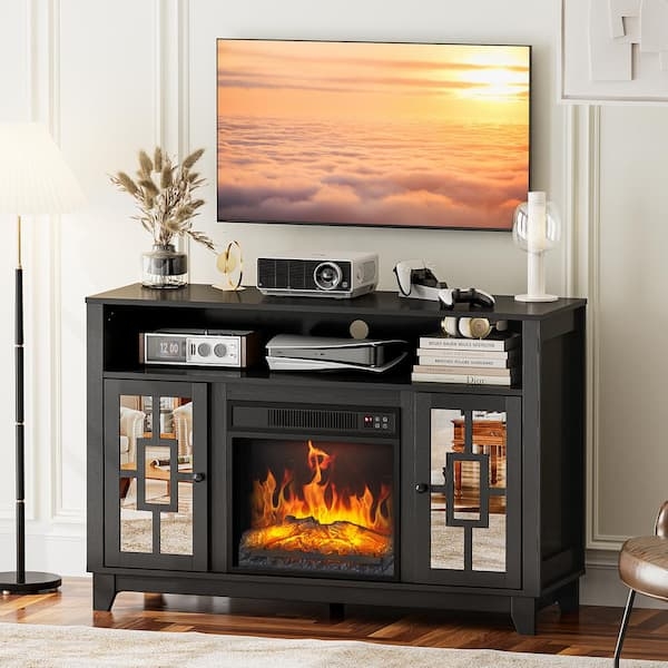 Tv Stand with Geometric Fretwork and Luxe Black Media Console