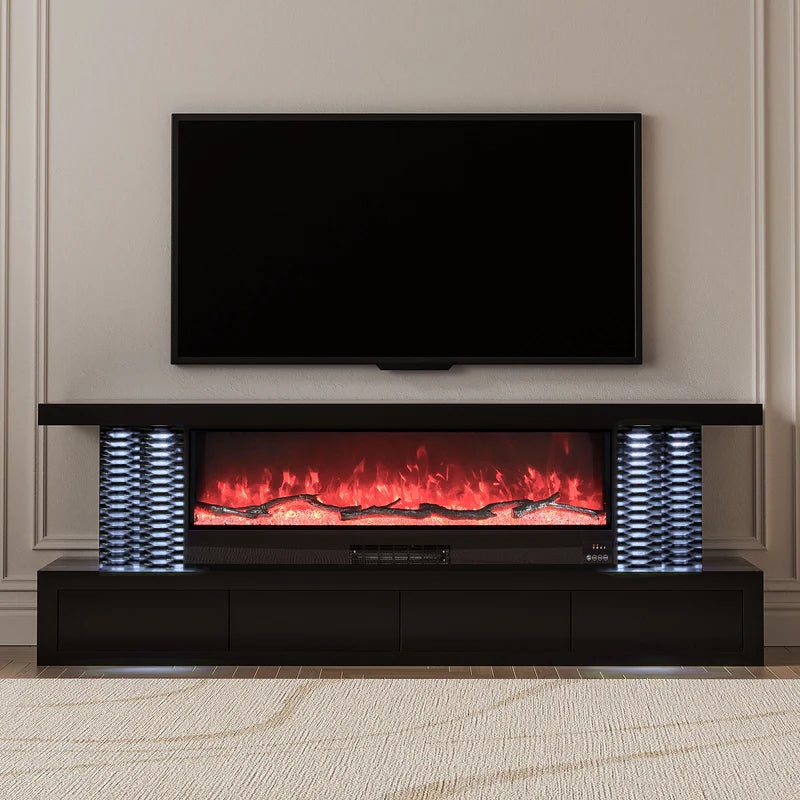 Tv Stand with Led Pillars and Matte Black Media Stand