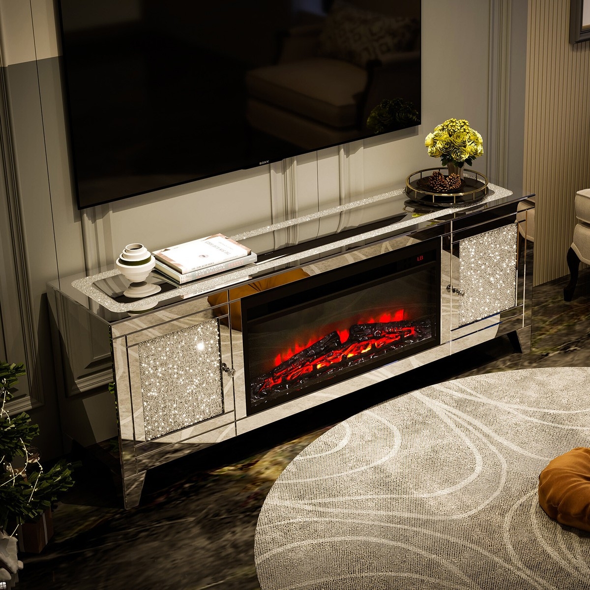 Tv Stand with Mirrored Cabinetry and Glam Entertainment Center