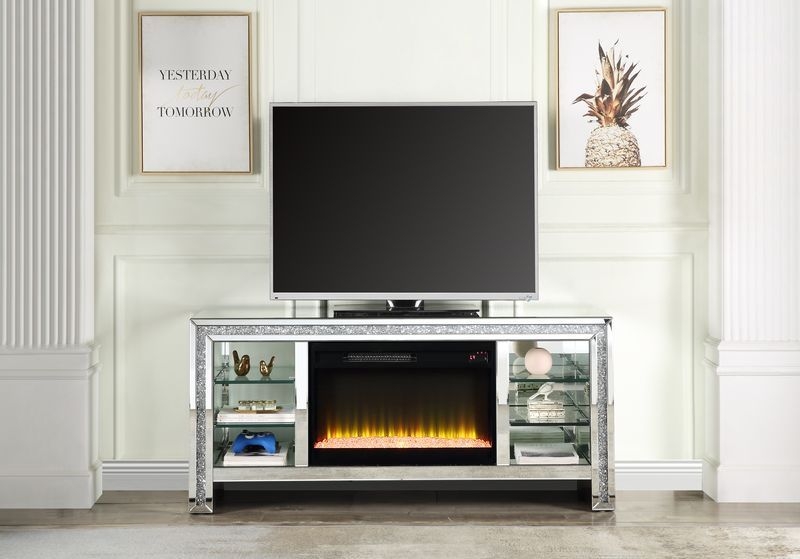 Tv Stand with Open Glass Shelving & Modern Crystal Fireplace