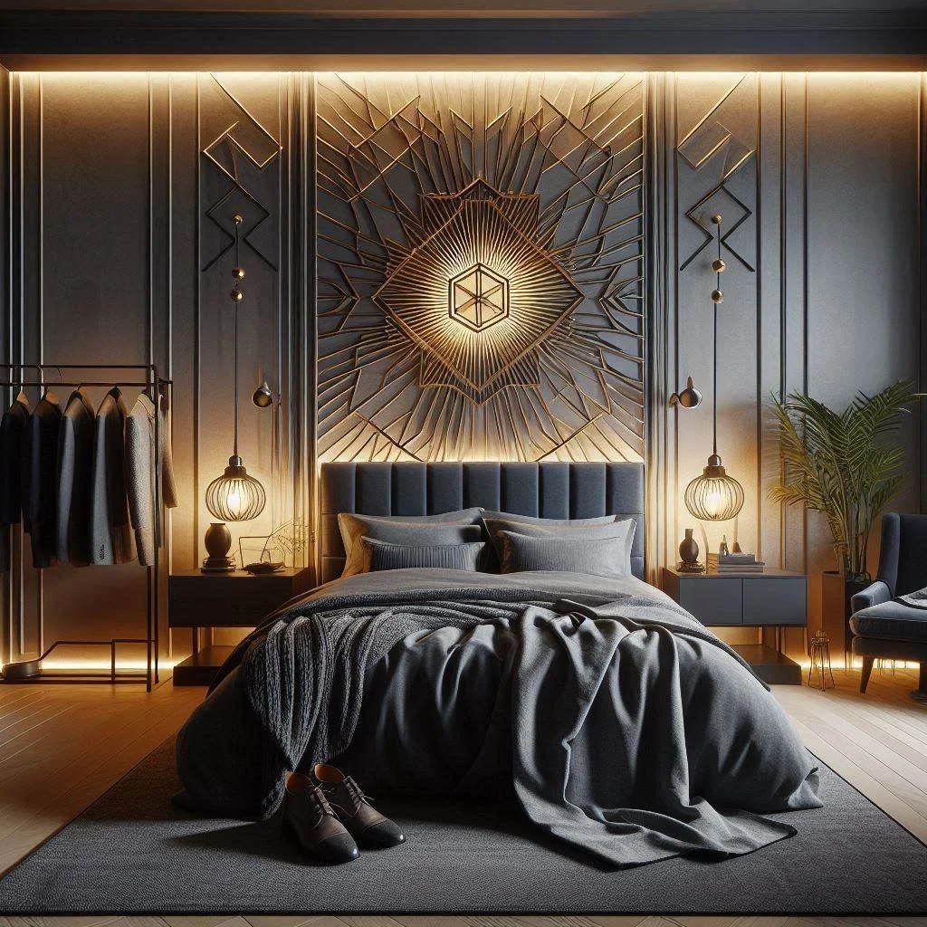 Upholstered Bed Geometric Accent Wall Cove Lighting