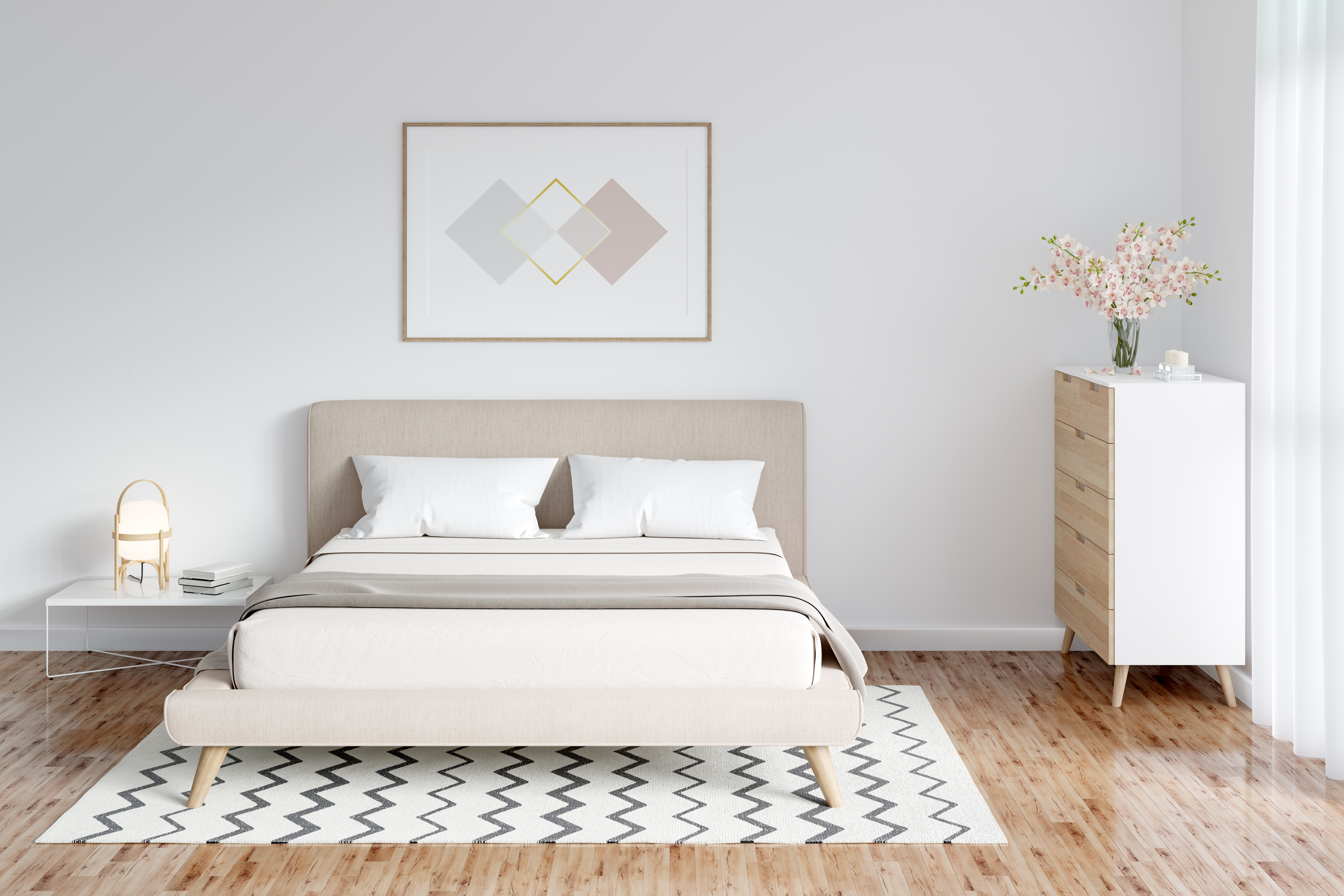 Upholstered Bed with Tapered Legs and Scandinavian Wood