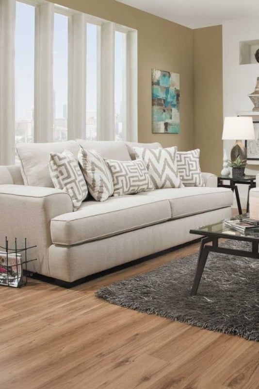 Upholstered Sofa with Geometric Accent Pillows Neutral Decor
