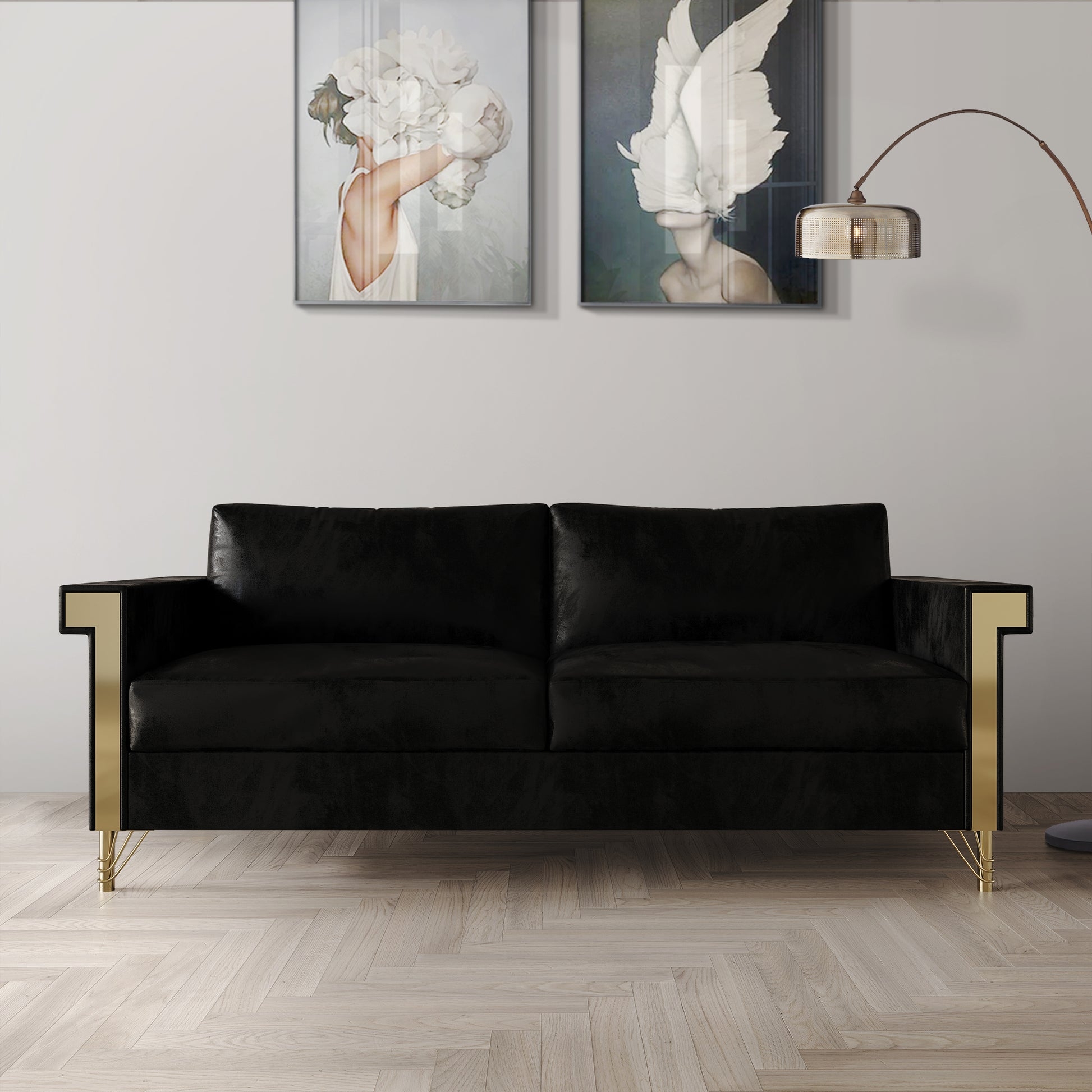 Upholstered Sofa with Gold Arm Inlays and Herringbone Wood
